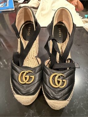Gucci Black Quilted Leather Espadrilles with Gold Double G